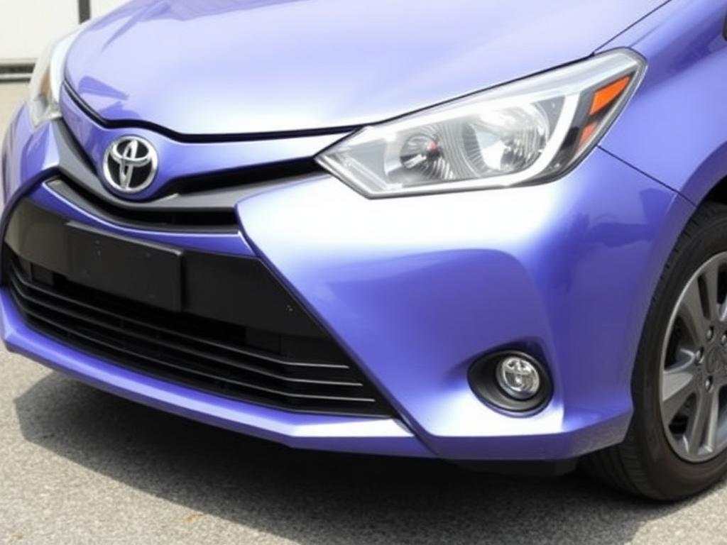 Toyota Etio Compact bleue en vue trois-quarts avant, capot, pare-chocs et phares mis en valeur sous la lumière du jour.