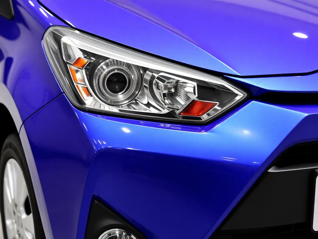 Gros plan sur le phare avant droit et la calandre de la Toyota Etio Compact, peinture bleue métallisée brillante et optiques claires.