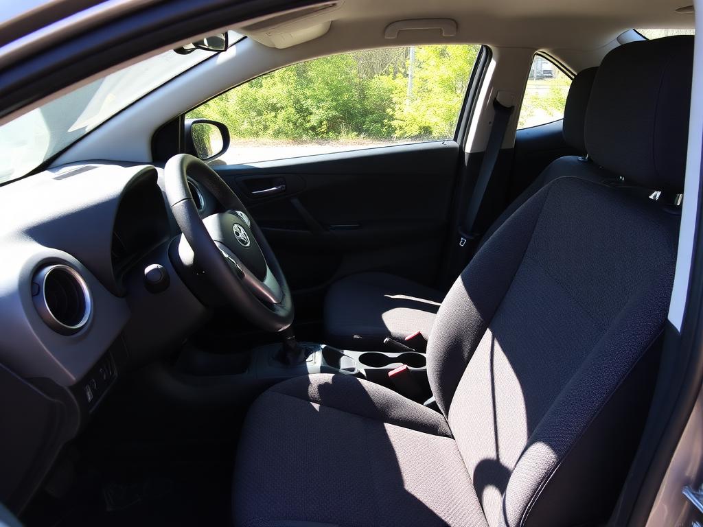 Vue intérieure côté conducteur : sièges avant en tissu, volant Toyota, levier de vitesses et console centrale en parfait état.