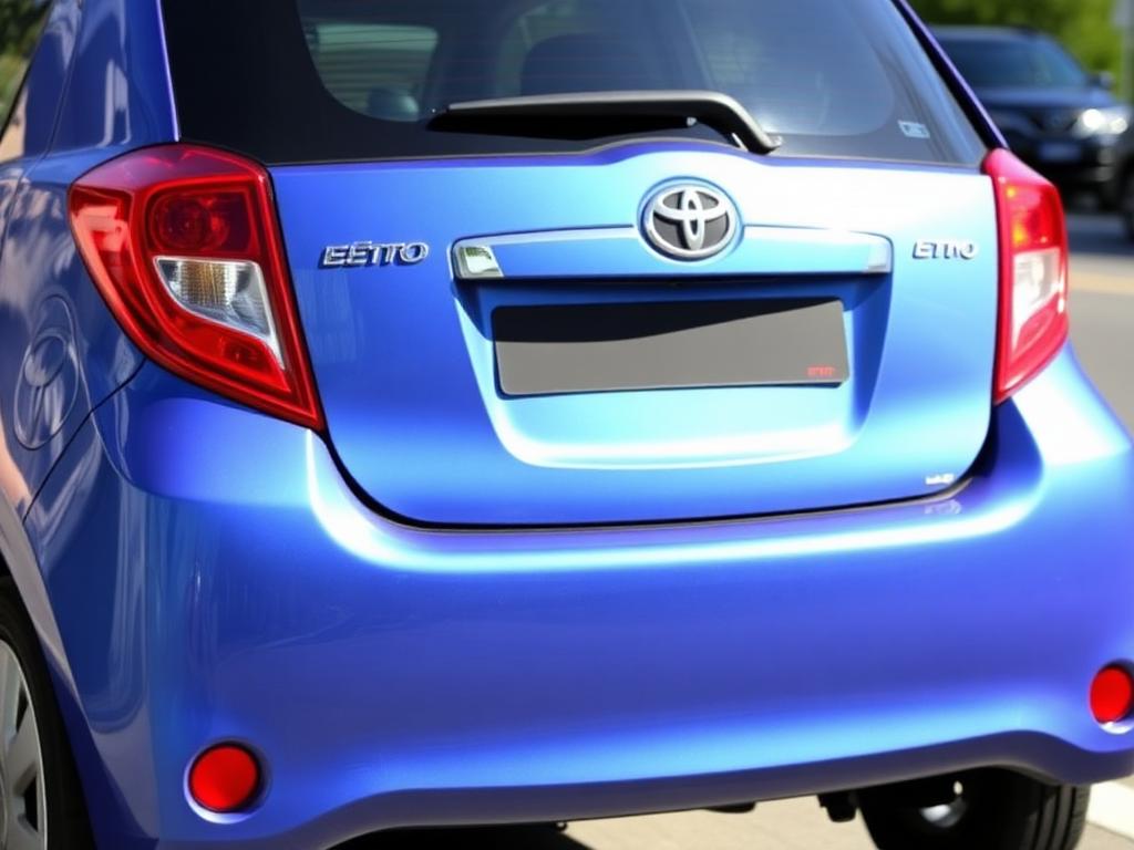 Toyota Etio Compact bleue vue de l'arrière, hayon, feux arrière et coffre, garée en bord de rue par temps clair.